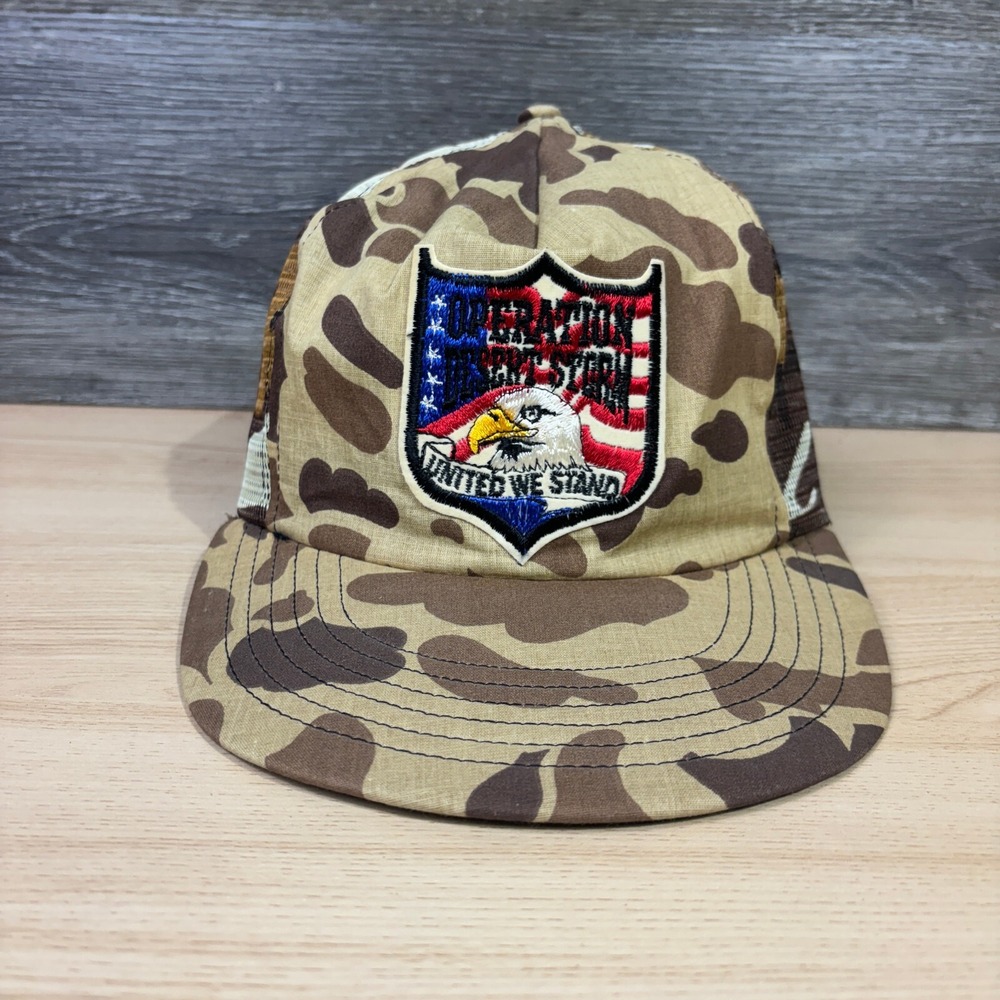 Vintage Camo Hat Cap Snapback Trucker Desert Storm Eagle Patch Unstructured USA